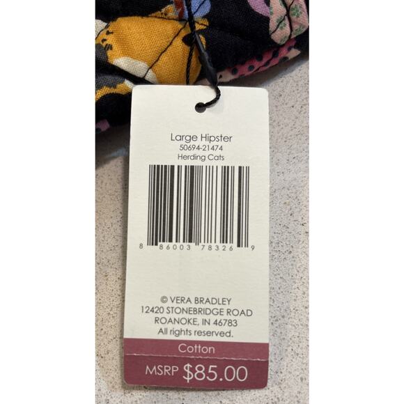 NWT Vera Bradley Herding Cats Purse Large Hipster Bag Quilted Black Adjustable - Picture 12 of 12
